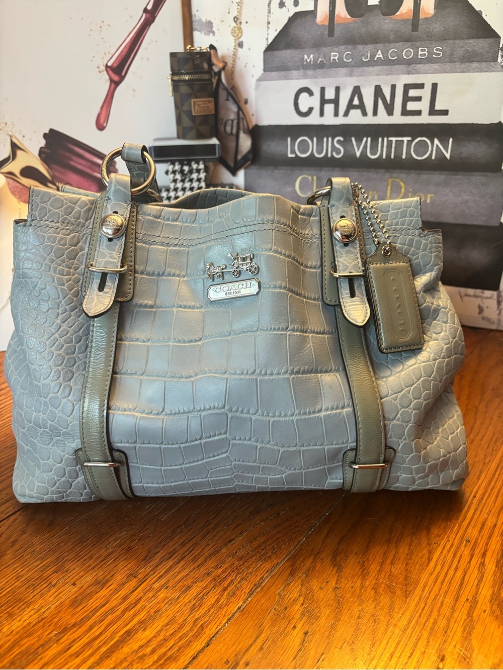 Coach Mia 16157 Icy Blue Croc Embossed Leather Carryall Shoulder Bag